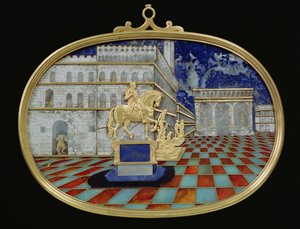 Mosaico em miniatura de uma praça italiana, provavelmente Florença, contendo bronzes e uma estátua equestre, mosaico de Gaffuri e base-relevos de ouro da Bilivelt (ouro, lápis-lazúli e pedras semipreciosas)
